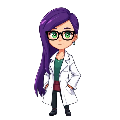 female scientist, naomi block, wearing glasses, long purple hair, green eyes, lab coat over stylish clothes, 16 bit sprite style