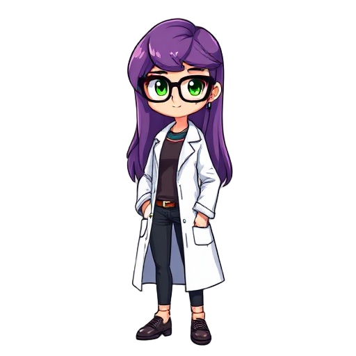 female scientist, naomi block, wearing glasses, long purple hair, green eyes, lab coat over stylish clothes, 8 bit sprite style
