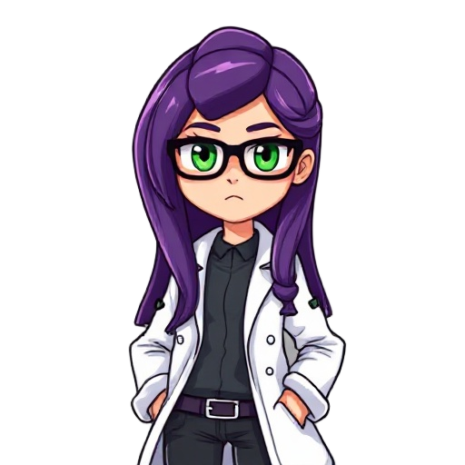 female scientist, naomi block, wearing glasses, long purple hair, green eyes, lab coat over stylish clothes, 16 bit