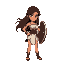 a female warrior character in idle pose. she has long, flowing dark brown hair and a determined expression. her skin is a light tan color. she is dressed in a greco-roman inspired outfit