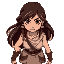 a female warrior character in idle pose. she has long, flowing dark brown hair and a determined expression. her skin is a light tan color. she is dressed in a greco-roman inspired outfit