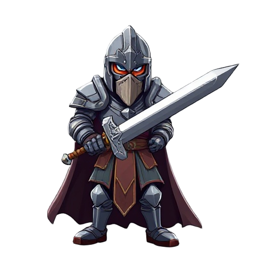 a knight with heavy, magical, runic armor covering his entire body and holding a long sword and ready to attack