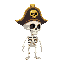 a skeleton pirate with a black hat with a golden cap and a skull on the hat which is also golden