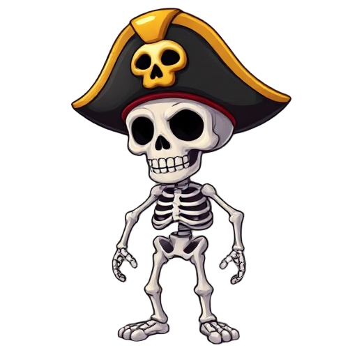 a skeleton pirate with a black hat with a golden cap and a skull on the hat which is also golden