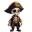 a skeleton pirate with a black hat with a golden cap and a skull on the hat which is also golden also wearing a typical pirate outfit