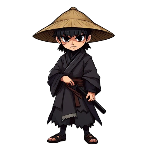 ronin wearing a wide straw hat (kasa), shadow over his eyes.   dark layered kimono with tattered edges.   black-handled steel katana.  