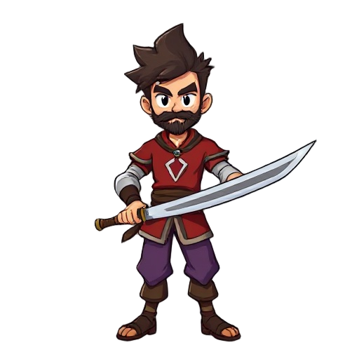 a stylized rpg hero inspired by vico peroni, wind elemental theme. male character with spiky dark brown hair and short beard, wearing a red tunic with white center detail and purple pants. wielding a