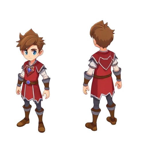 character turnaround of a fantasy rpg hero with wind powers, shown in 4 views: front, side, back and 3/4 (diagonal). male with spiky brown hair, blue eyes, wearing red tunic with white detail, purple 