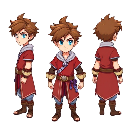 character turnaround of a fantasy rpg hero with wind powers, shown in 4 views: front, side, back and 3/4 (diagonal). male with spiky brown hair, blue eyes, wearing red tunic with white detail, purple 