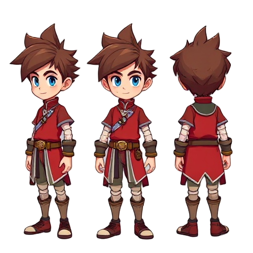 character turnaround of a fantasy rpg hero with wind powers, shown in 4 views: front, side, back and 3/4 (diagonal). male with spiky brown hair, blue eyes, wearing red tunic with white detail, purple