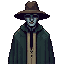 a hunter with a wide hat and long cape, in dark brown and dark green tones, gray skin, no weapons, full body, retro sprite style