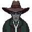 a hunter with a wide hat and long cape, in dark brown and dark green tones, gray skin, no weapons, full body, retro sprite style.