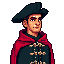 a hunter with a tricorne hat and long cape