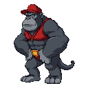 large anthropomorphic gorilla boss in idle stance. bold outlines and flat colors. the gorilla wears a red cap, red vest, and a gold belt buckle. strong muscular build, curled tail, slightly hunched idle pose, confident facial expression