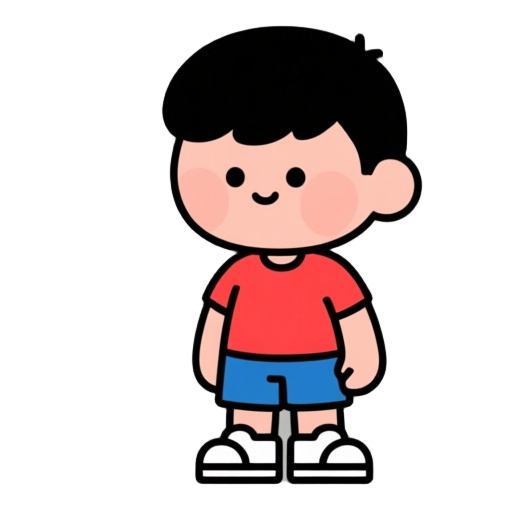 flat vector, small boy, chibi style, rounded body proportions, large head and small body, simple geometric shapes, bold black outlines, bright flat colors, no shading, minimal details, standing idle pose, facing forward right, wearing a red t-shirt, blue 