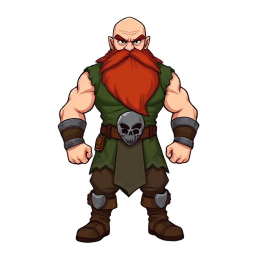 muscular cartoon warrior with bald head and large red beard. wears green sleeveless shirt, skull belt buckle, metal bracers, rugged pants and boots. strong stance, clenched fists, tough and fearless look, styled in simple bold vector design.