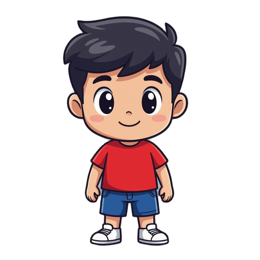 cute 2d flat vector game character, chibi style, rounded body proportions, large head and small body, simple geometric shapes, bold black outlines, bright flat colors, no shading, minimal details, standing idle pose, facing forward right, wearing a red t-