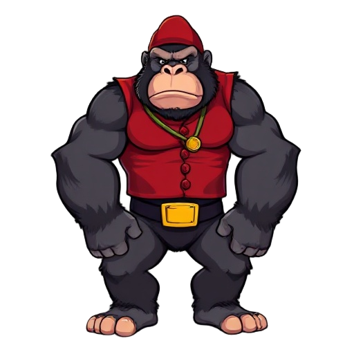 large anthropomorphic gorilla boss in idle stance. bold outlines and flat colors. the gorilla wears a red cap, red vest, and a gold belt buckle. strong muscular build, curled tail, slightly hunched idle pose, confident facial expression