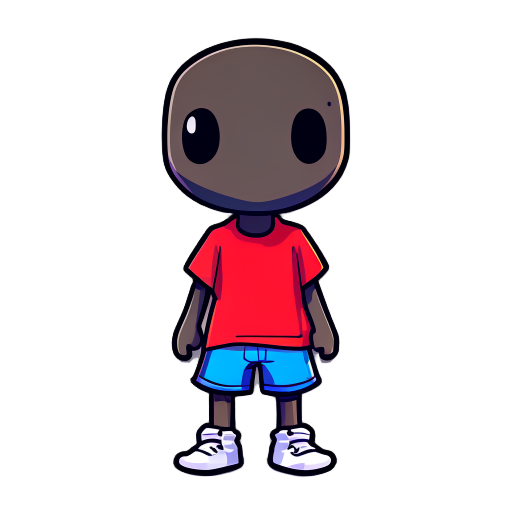 cute 2d flat vector game character, chibi style, rounded body proportions, large head and small body, simple geometric shapes, bold black outlines, bright flat colors, no shading, minimal details, standing idle pose, facing forward right, wearing a red t-