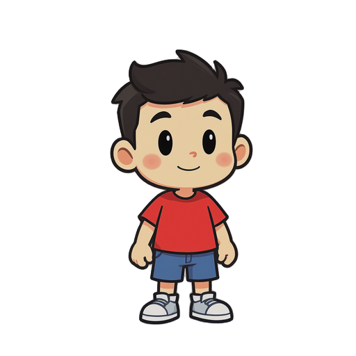 cute 2d flat vector game character, chibi style, rounded body proportions, large head and small body, simple geometric shapes, bold black outlines, bright flat colors, no shading, minimal details, standing idle pose, facing forward right, wearing a red t-
