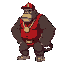 large anthropomorphic gorilla boss in idle stance. bold outlines and flat colors. the gorilla wears a red cap, red vest, and a gold belt buckle. strong muscular build, curled tail, slightly hunched idle pose, confident facial expression