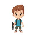 flat vector, minimal details, small boy with gun, bright colors