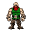 muscular cartoon warrior with bald head and large red beard. wears green sleeveless shirt, skull belt buckle, metal bracers, rugged pants and boots. strong stance, clenched fists, tough and fearless look, styled in simple bold vector design.