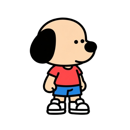 flat vector, chibi style, rounded body proportions, large head and small body, simple geometric shapes, bold black outlines, bright flat colors, no shading, minimal details, standing idle pose, facing forward right, wearing a red t-shirt, blue shorts, whi