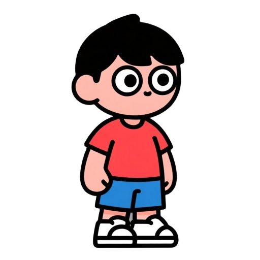 flat vector, small boy with big eyes, chibi style, rounded body proportions, large head and small body, simple geometric shapes, bold black outlines, bright flat colors, no shading, minimal details, standing idle pose, facing forward right, wearing a red 