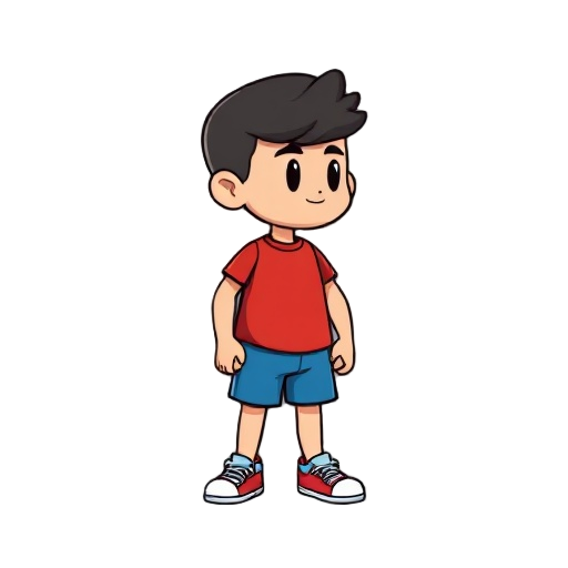 cute 2d flat vector game character, chibi style, rounded body proportions, large head and small body, simple geometric shapes, bold black outlines, bright flat colors, no shading, minimal details, standing idle pose, facing forward right, wearing a red t-