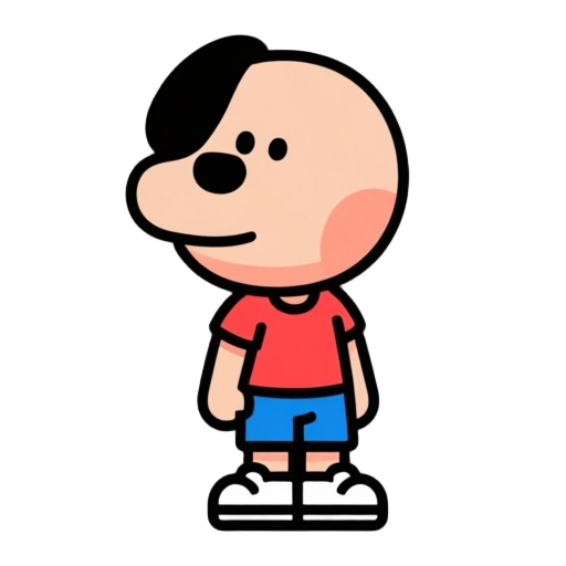 cute 2d flat vector game character, chibi style, rounded body proportions, large head and small body, simple geometric shapes, bold black outlines, bright flat colors, no shading, minimal details, standing idle pose, facing forward right, wearing a red t-