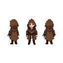 a elf-like in idle pose, in three different direction, north, south and east, wearing a brown hooded cloak with purple accents, equipped with dual curved blades, each with a metallic sheen and purple 