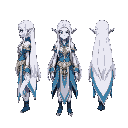 a moon elf, in three different direction, north, south and east, has a light purple skin tone and long, flowing white hair. the attire is elaborate, with a color palette of blues, whites, and golds