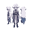 a moon elf, in three different direction, north, south and east, has a light purple skin tone and long, flowing white hair. the attire is elaborate, with a color palette of blues, whites, and golds