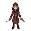 a elf-like in idle pose, in three different direction, north, south and east, wearing a brown hooded cloak with purple accents, equipped with dual curved blades, each with a metallic sheen and purple 