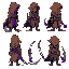 a elf-like in idle pose, in three different direction, north, south and east, wearing a brown hooded cloak with purple accents, equipped with dual curved blades, each with a metallic sheen and purple