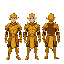 a elven warrior in a golden armor, covering his entire body, including a chest plate, shoulder guards, and gauntlets. the character is depicted in three different poses, front, back and side angles