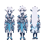 a moon elf, in three different direction, north, south and east, has a light purple skin tone and long, flowing white hair. the attire is elaborate, with a color palette of blues, whites, and golds