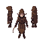 a elf-like in idle pose, in three different direction, north, south and east, wearing a brown hooded cloak with purple accents, equipped with dual curved blades, each with a metallic sheen and purple 