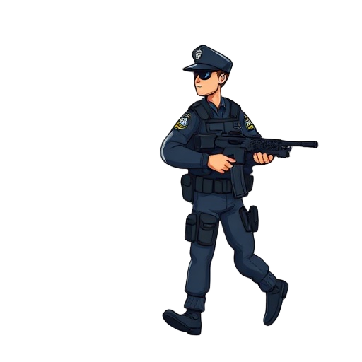 police with gun walking