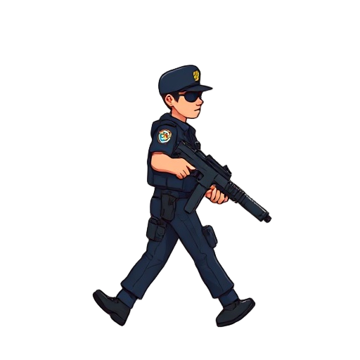 police with gun walking