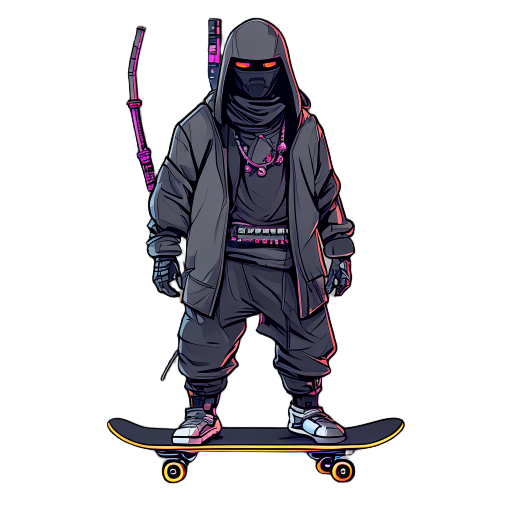 a morden cyberpunk ronin on a skateboard 