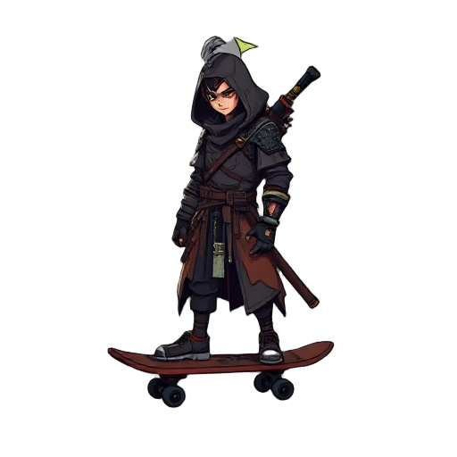a morden cyberpunk ronin on a skateboard 