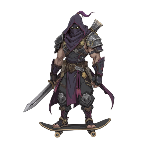 a morden cyberpunk ronin on a skateboard 