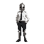 a protagonist that wears a white office workers suit, rolled up sleeves, black tie, black pants, business shoes, black belt, metal kneepads, but a medieval knight's helmet