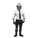 a protagonist that wears a white office workers suit, rolled up sleeves, black tie, black pants, business shoes, black belt, metal kneepads, but a medieval knight's helmet