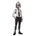 a skinny protagonist that wears a white office workers suit, rolled up sleeves, black tie, black pants, business shoes, black belt, metal kneepads, but a medieval knight's helmet