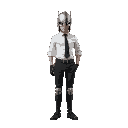 a skinny protagonist that wears a white office workers suit, rolled up sleeves, black tie, black pants, business shoes, black belt, metal kneepads, but a medieval knight's helmet