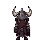 *"create a 2d pixel-art character design in the style of jump king — a clumsy, failed viking knight with a fully enclosed horned helmet (no face visible). the design should be dark, grimy, and slightl