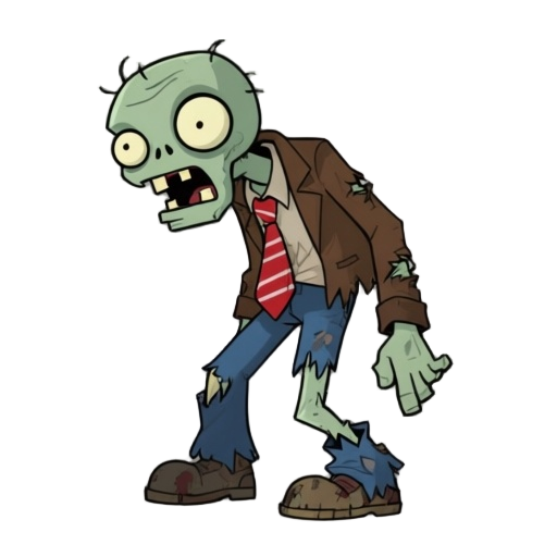 cartoon zombie, goofy plants vs zombies style, profile view. pale green skin, big eyes, open mouth, torn brown jacket, ripped shirt, red striped tie, blue ripped pants, worn shoes. hunched, head tilted, arms dangling, dragging leg. plain background.